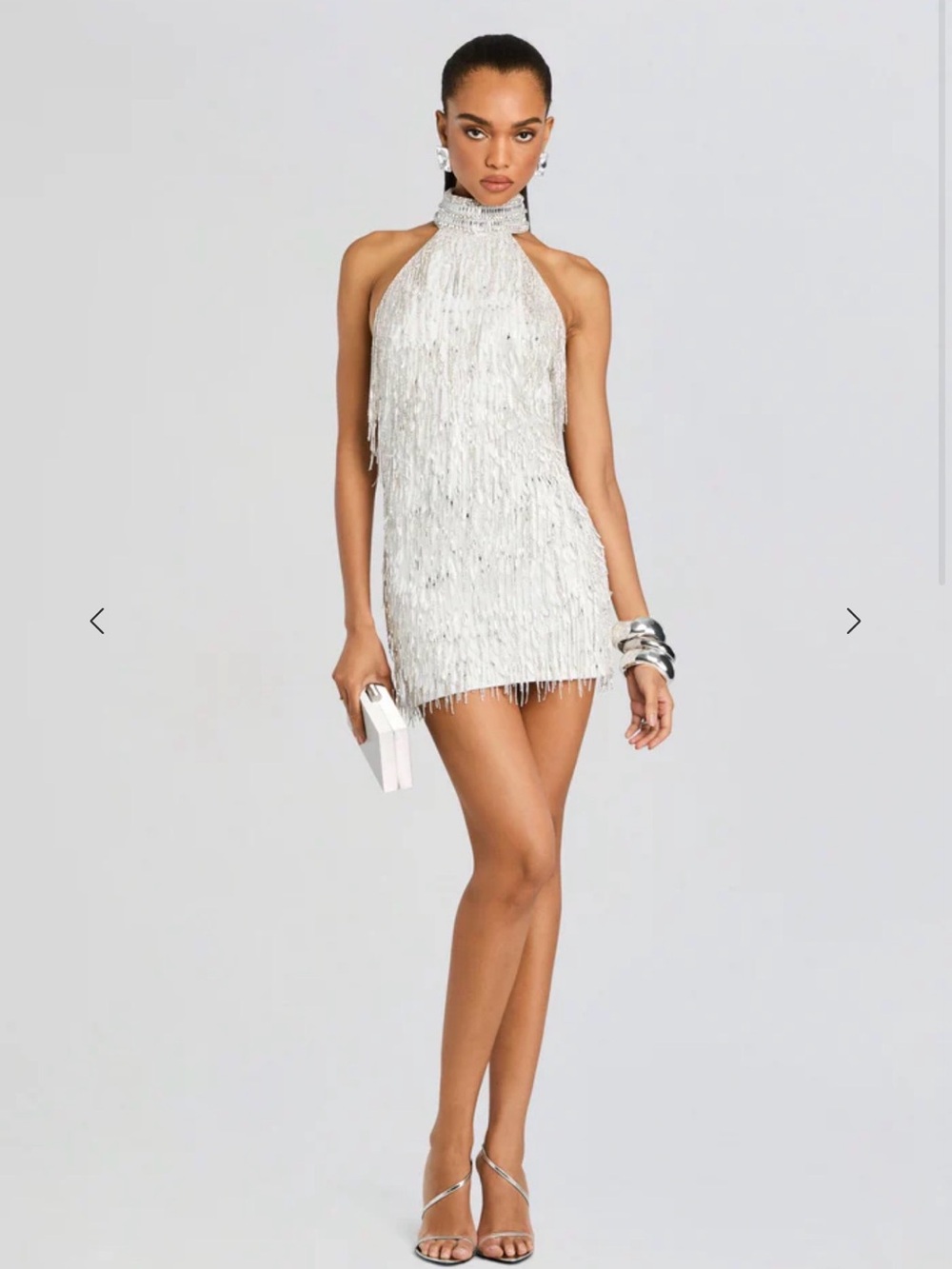 Retrofete White Sequin Fringe Halter Mini Dress